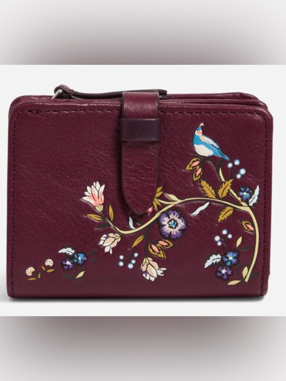 Vera Bradley small leather wallet in mulled wine color. Beautifully embroidered!